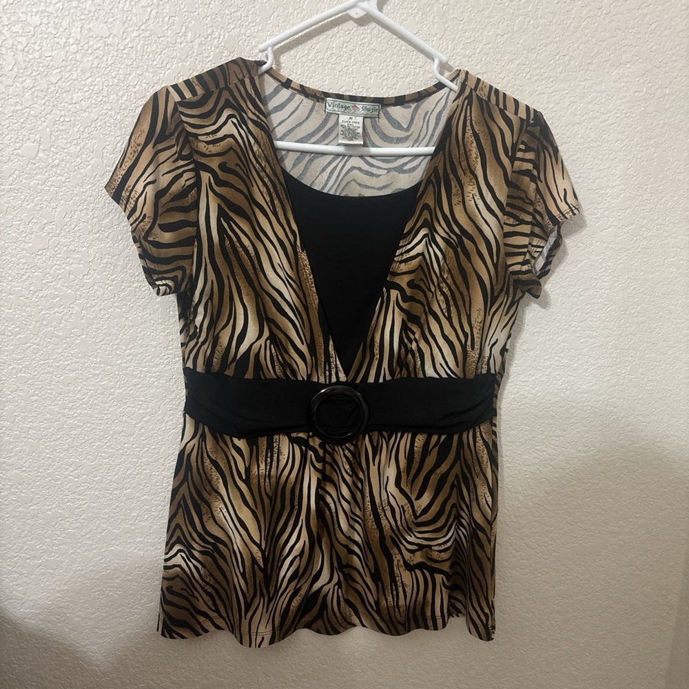 Vintage Suzie Brown and Cream Fitted Embellished Blouse